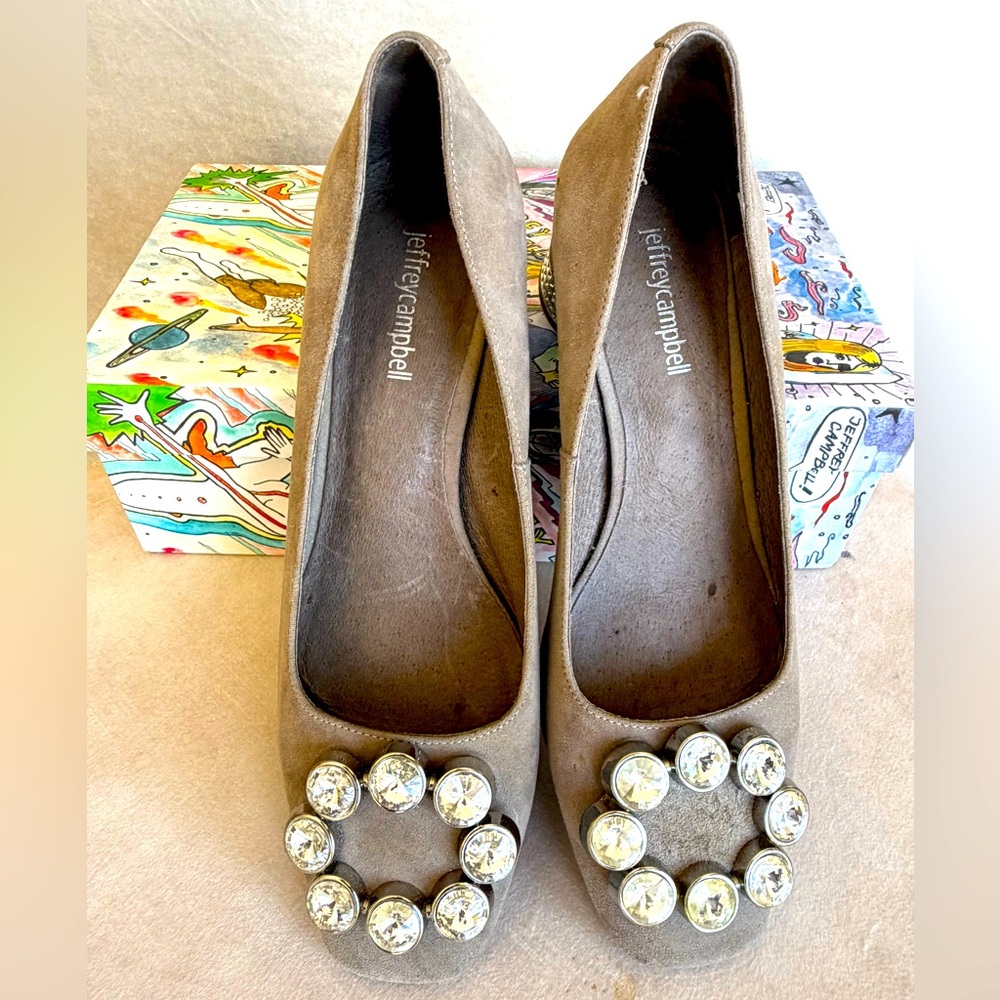 Jeffrey Campbell Taupe Suede Pumps with Crystal Circle Accents